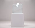 Realistic vote box. Election paper ballot, 3D transparent container on white podium. Plastic poll cube with hole and