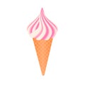 Realistic waffle cone with white and pink soft ice cream isolated. Vanilla and strawberry flavor of desserts. Concept of summer