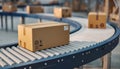 Realistic warehouse scene with packages moving along a conveyor belt in an industrial setting Royalty Free Stock Photo