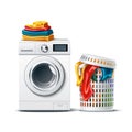 Vector 3d washing machine and laundry basket Royalty Free Stock Photo