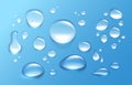 Realistic water drop. Transparent aqua splashes and droplets. Clean and fresh water condensation on surface. Isolated drips