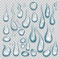 Realistic water drop. Transparent pure drops, tears splash and clearness droplets 3d vector set Royalty Free Stock Photo