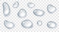 Realistic water drops pure and clear on transparent background. Set of droplets of different shapes Royalty Free Stock Photo