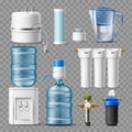 Realistic water filters. Different home drinking water treatment devices, office cooler and pump, spare cartridges