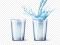 Realistic water glass. 3d transparent standard glasses. Cup with pure soda, pouring jet and splashes, flying drops and Royalty Free Stock Photo
