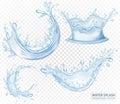 Realistic water splash set isolated on light transparent background. Blue liquid waves. Vector illustration Royalty Free Stock Photo