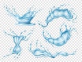 Realistic water splashes. 3d isolated clear splashed water, freshness and purity aqua, flowing and falling blue drops, liquid Royalty Free Stock Photo