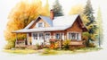 Realistic Watercolor Cabin Portrait In Autumn Village Royalty Free Stock Photo