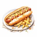 Realistic Watercolor Cartoon Illustration Of A Hot Dog