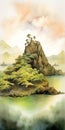 Realistic Watercolor Depiction Of An Ancient Island With Zen Buddhism Influence