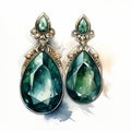 Realistic Watercolor Drawing Of Ornate Emerald Earrings