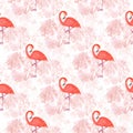 Realistic Watercolor Flamingo Staying On One Leg And Transparent Bushes Background