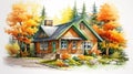 Realistic Watercolor Forest Autumn House: Hyper-detailed Renderings By Dmitry Spiros