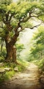 Realistic Watercolor Forest Path Wallpaper With Twisted Branches