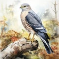 Realistic Watercolor Hawk Sitting On Branch - Traditional Oil Painting Style