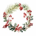 Realistic Watercolor Holly Wreath Clipart With Red Berries And Leaves Royalty Free Stock Photo