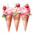 Realistic Watercolor Ice Cream Cones With Cherry Clipart