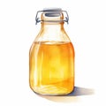 Realistic Watercolor Illustration Of Amber Glass Bottle With Juice