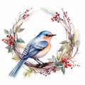 Realistic Watercolor Illustration Of Blue Bird In Holly Wreath Clipart Royalty Free Stock Photo