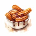 Realistic Watercolor Illustration Of Churros In A Bowl