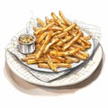 Realistic Watercolor Illustration Of French Fries On A Bar Plate