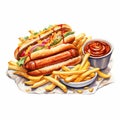 Realistic Watercolor Illustration Of Hot Dog And French Fries