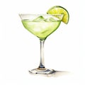 Realistic Watercolor Illustration Of A Lime Margarita With Ice