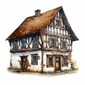 Realistic Watercolor Illustration Of Medieval Style Wooden House