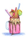 Realistic watercolor illustration of milkshake dessert with ice cream, chocolate, syrup, candies and straws in glass jar. Royalty Free Stock Photo