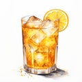 Realistic Watercolor Illustration Of Oolong Orange Drink With Ice And Citrus Zest