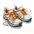 Realistic Watercolor Illustration Of Orange And White Running Shoes