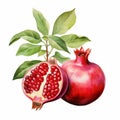 Realistic Watercolor Illustration Of Pomegranate With Dark Cyan And Crimson Color Scheme
