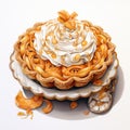 Realistic Watercolor Illustration Of Pumpkin Chiffon Pie With Pretzel Crust