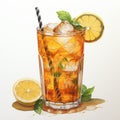 Realistic Watercolor Illustration Of Tee Time And Iced Tea With Mint Leaves Royalty Free Stock Photo