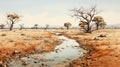 Realistic Watercolor Landscape: Barren Outback Stream In Namibia