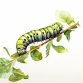 Realistic Watercolor Painting Of Caterpillar On Leaves In Editorial Style