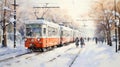 Manned Train Winter Watercolor Painting In Japan Royalty Free Stock Photo