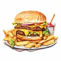 Realistic Watercolor Painting Of A Gigantic Hamburger With French Fries Royalty Free Stock Photo