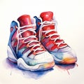 Realistic Watercolor Painting Of Jordan Basketball Shoes With Colorful Absurdism
