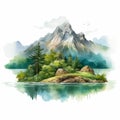 Realistic Watercolor Painting Of Lake Island With Mountains