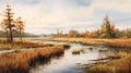 Realistic Watercolor Painting Of Late Autumn With Birds And Swamp On Suffolk Coast