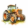 Realistic Watercolor Painting Of An Orange Tractor