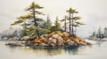 Realistic Watercolor Painting Of Pine Trees On An Island