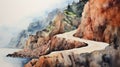 Realistic Watercolor Painting Of Road And Mountains On A Cliff