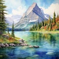 Realistic Watercolor Painting Of Two Medicine Lake: Contemporary Canadian Art