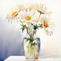 Realistic Watercolor Painting Of White Daisies In A Vase