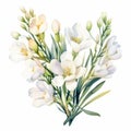 Realistic Watercolor Painting Of White Wonder Freesia Flowers