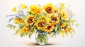 Realistic Watercolor Painting Of Yellow Sunflowers In A Vase