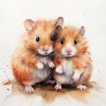 Realistic Watercolor Paintings Of Two Little Hamsters Sitting Together