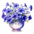 Realistic Watercolor Petunia Arrangement In Blue Vase - Digital Clipart